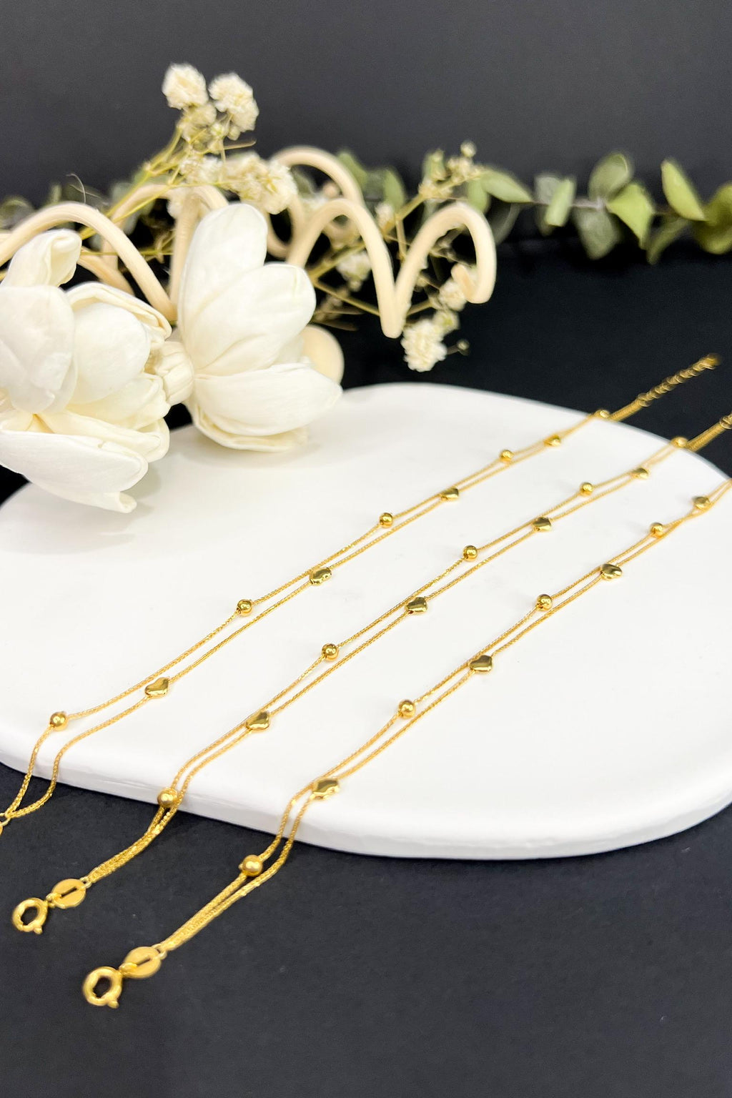 18K Solid Gold Heart Bracelet, Double Strand Beaded Bracelet, Adjustable Gold Chain, Dainty Minimalist Jewelry, Gift for Her