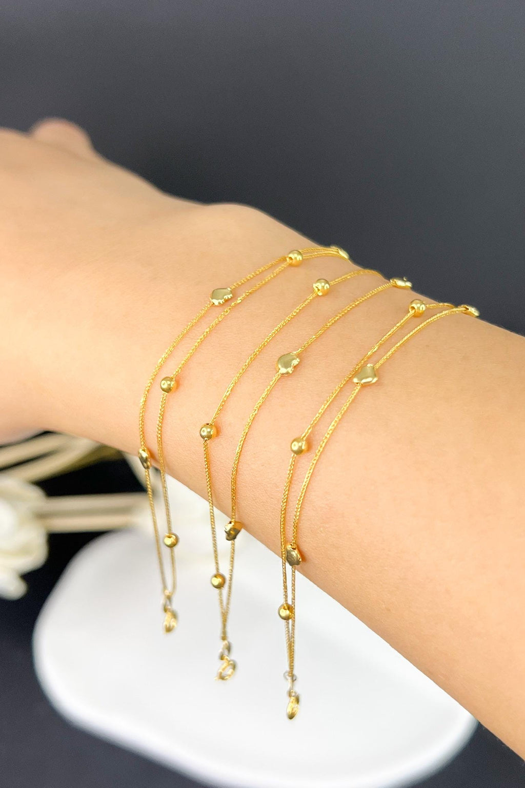 18K Solid Gold Heart Bracelet, Double Strand Beaded Bracelet, Adjustable Gold Chain, Dainty Minimalist Jewelry, Gift for Her