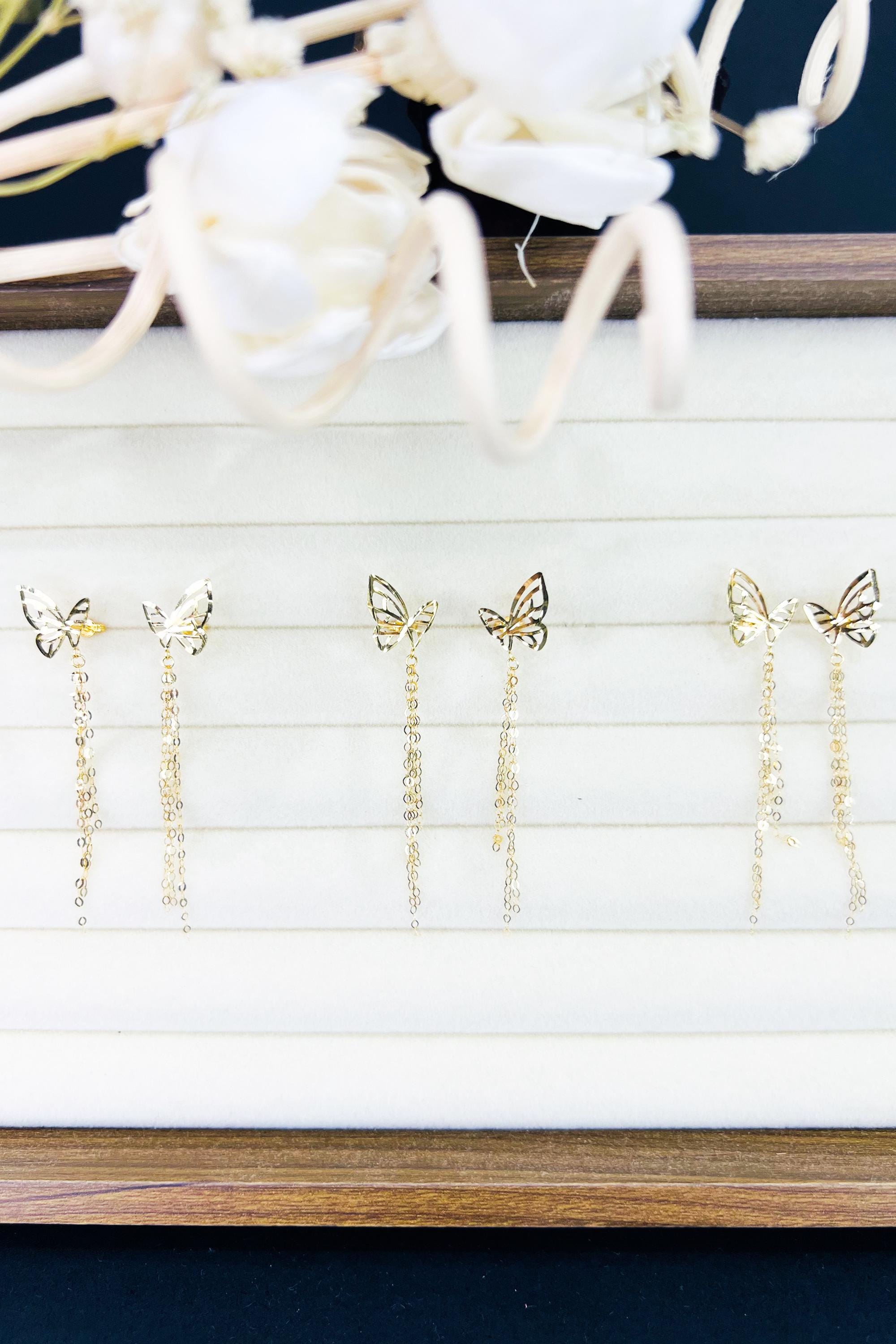 18K Solid Gold Butterfly Earrings, Dainty Butterfly Dangle Earrings, Minimalist Gold Drop Earrings, Delicate Jewelry Gift for Her
