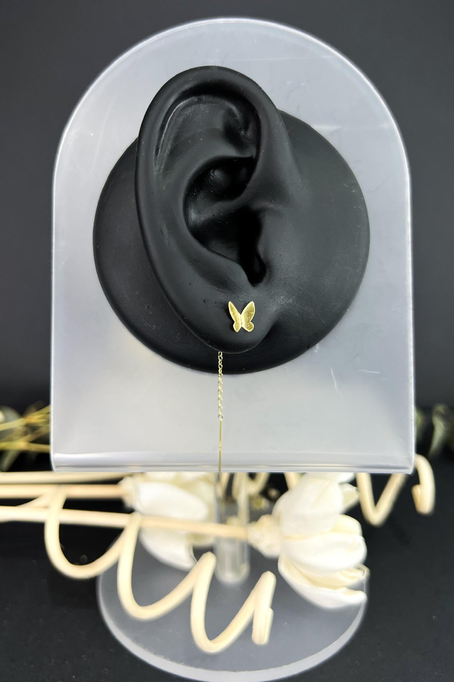 18K Solid Gold Butterfly Threader Earrings, Butterfly Dangle Earrings, Dainty Minimalist Gold Earrings, Delicate Jewelry Gift for Her