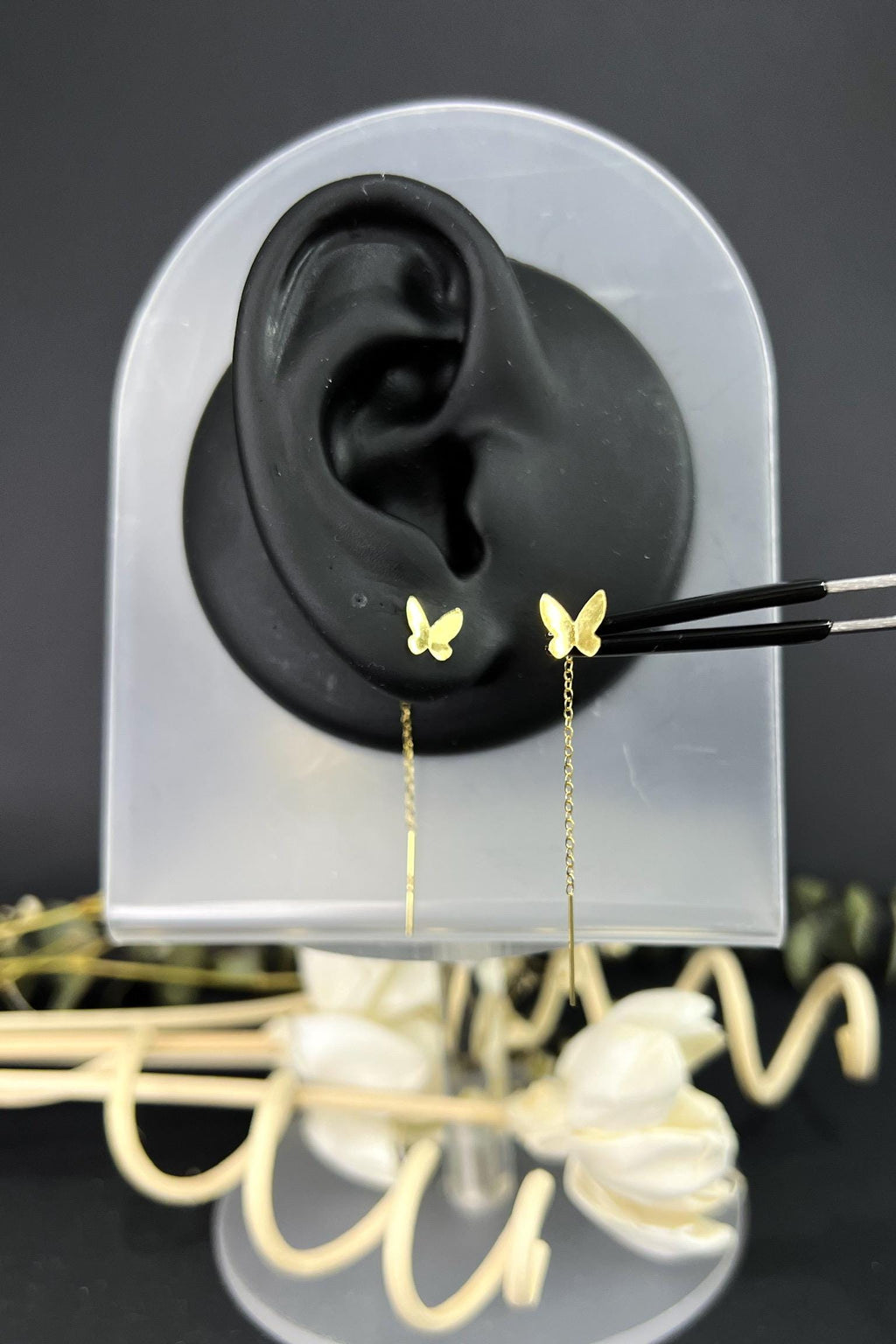 18K Solid Gold Butterfly Threader Earrings, Butterfly Dangle Earrings, Dainty Minimalist Gold Earrings, Delicate Jewelry Gift for Her