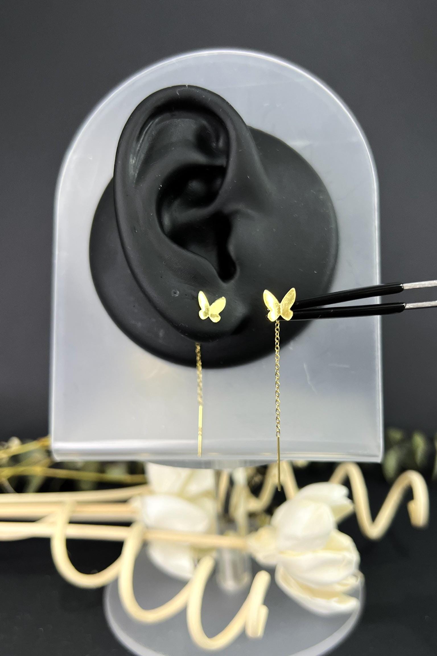 18K Solid Gold Butterfly Threader Earrings, Butterfly Dangle Earrings, Dainty Minimalist Gold Earrings, Delicate Jewelry Gift for Her