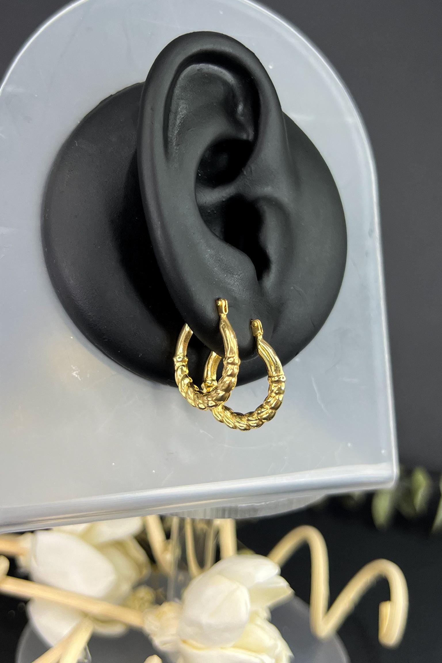 Solid Gold 18K Gold Hoop Earrings, Twisted Rope Hoop, Vintage Style Huggie Earrings