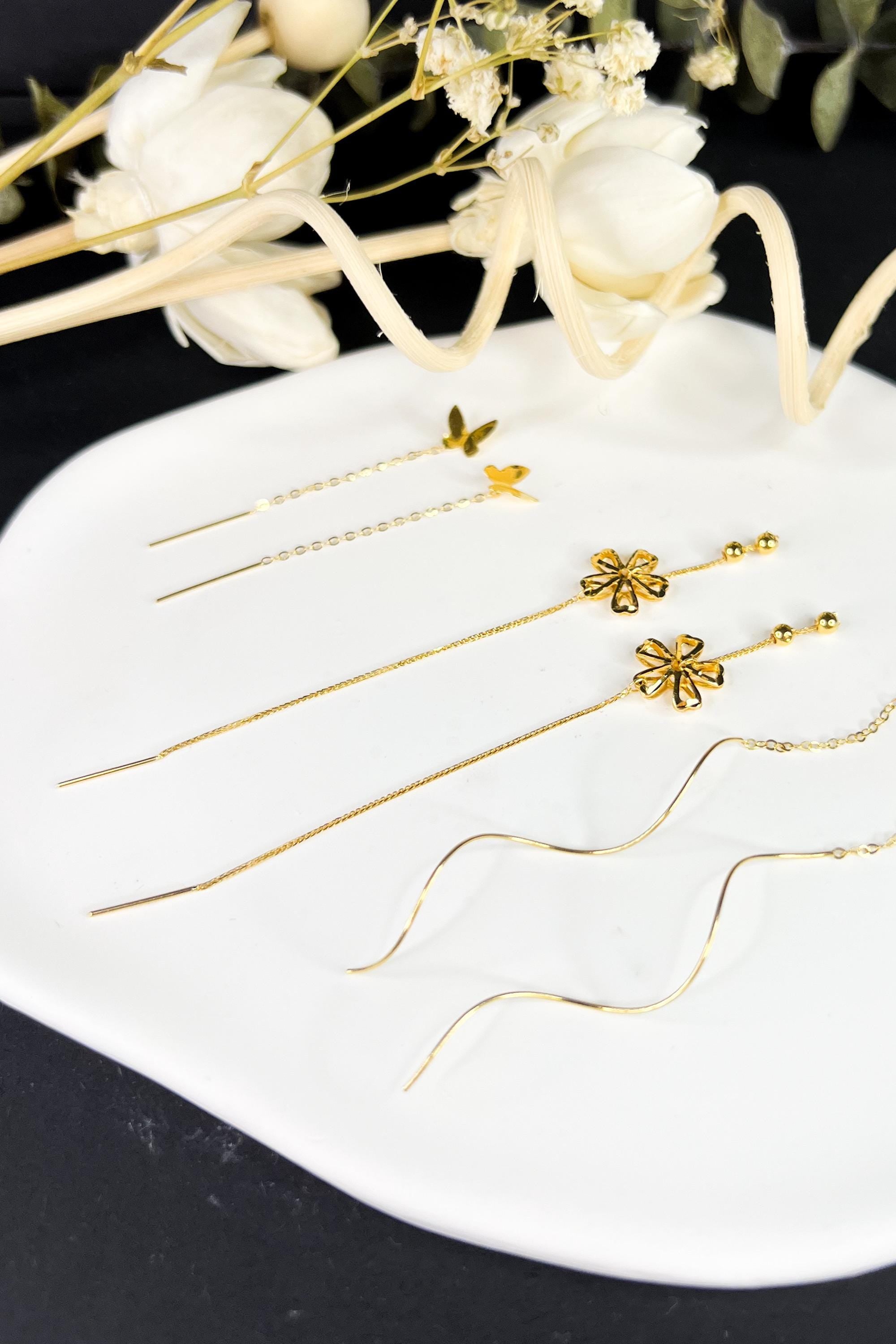 18K Solid Gold Floral Threader Earrings, Dainty Flower Dangle Earrings, Minimalist Gold Earrings, Delicate Jewelry Gift for Her