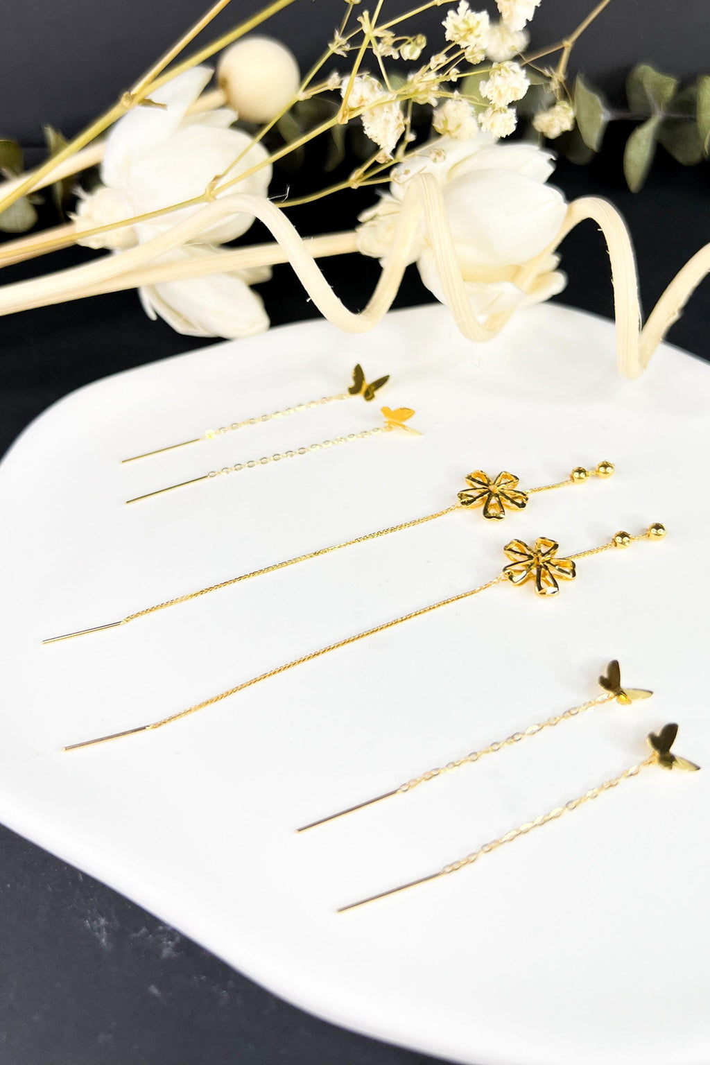 18K Solid Gold Floral Threader Earrings, Dainty Flower Dangle Earrings, Minimalist Gold Earrings, Delicate Jewelry Gift for Her