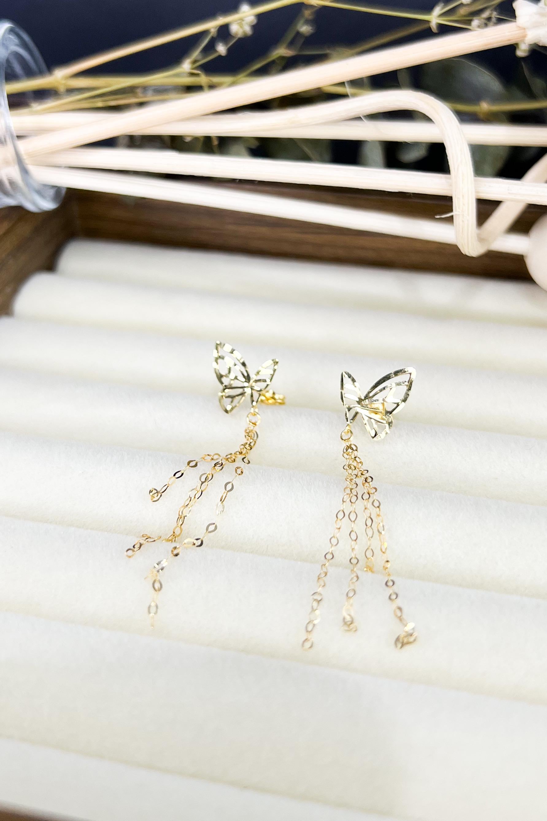 18K Solid Gold Butterfly Earrings, Dainty Butterfly Dangle Earrings, Minimalist Gold Drop Earrings, Delicate Jewelry Gift for Her