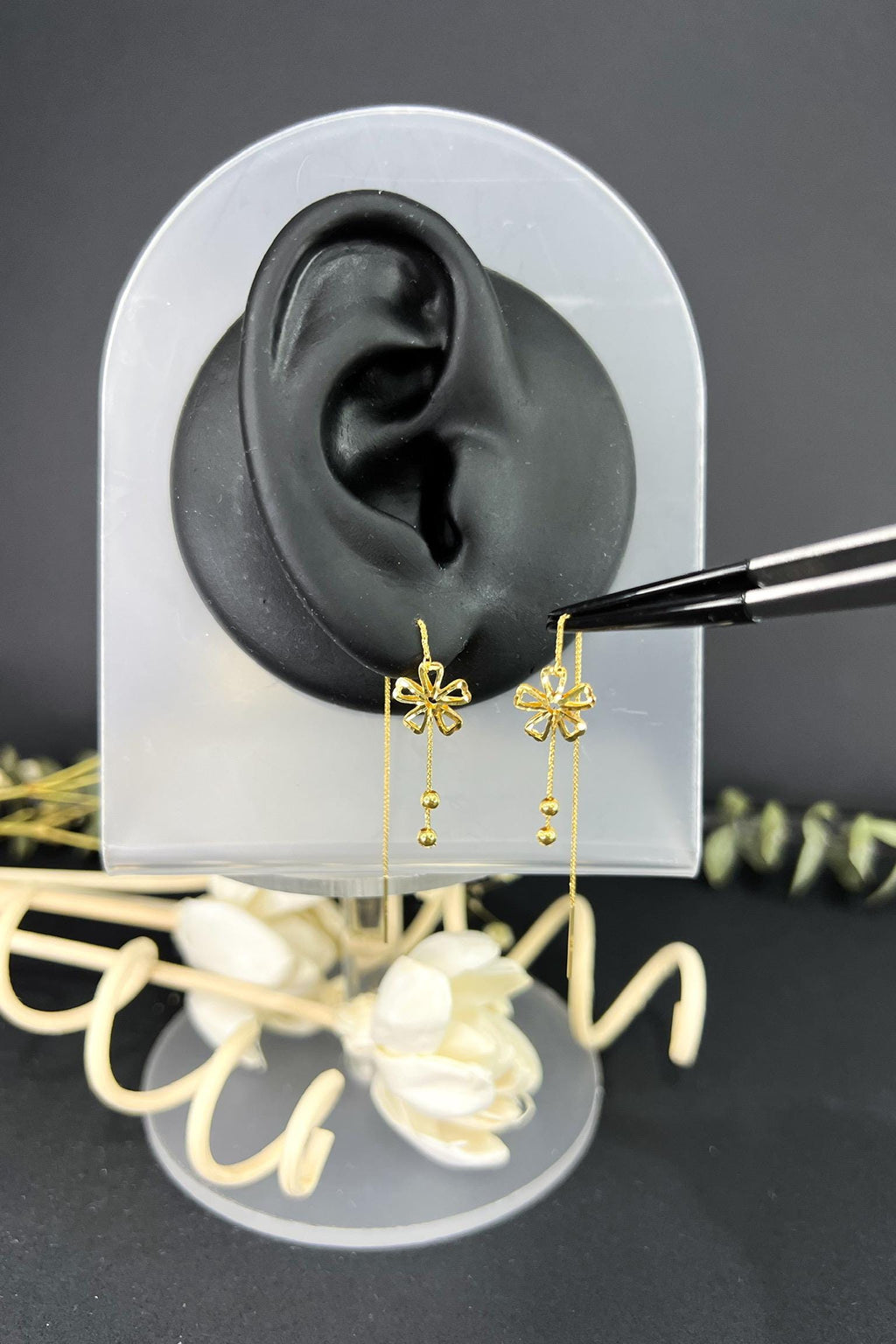 18K Solid Gold Floral Threader Earrings, Dainty Flower Dangle Earrings, Minimalist Gold Earrings, Delicate Jewelry Gift for Her