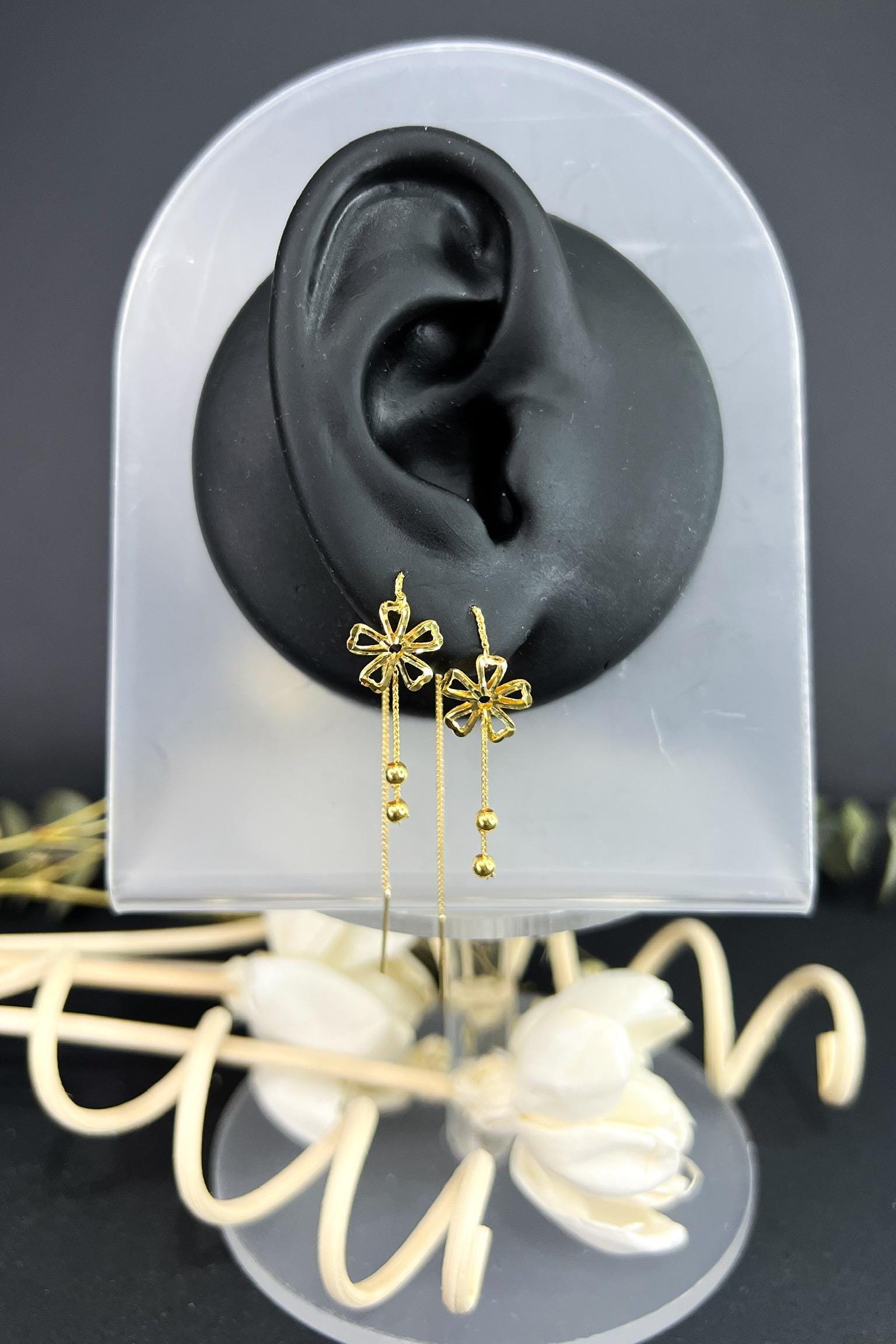 18K Solid Gold Floral Threader Earrings, Dainty Flower Dangle Earrings, Minimalist Gold Earrings, Delicate Jewelry Gift for Her