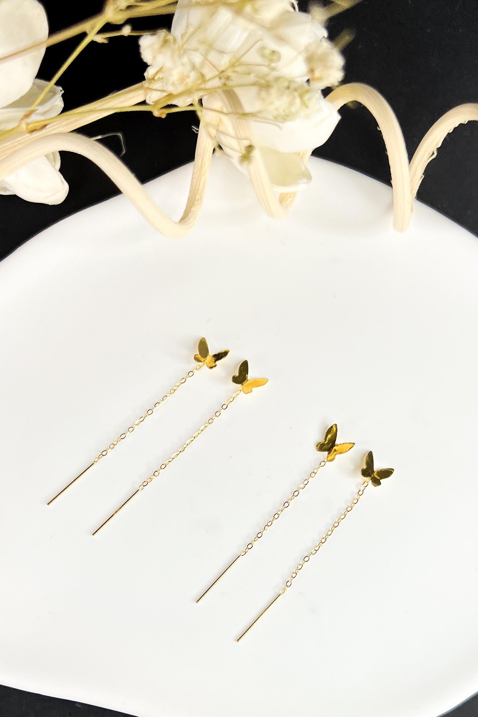 18K Solid Gold Butterfly Threader Earrings, Butterfly Dangle Earrings, Dainty Minimalist Gold Earrings, Delicate Jewelry Gift for Her