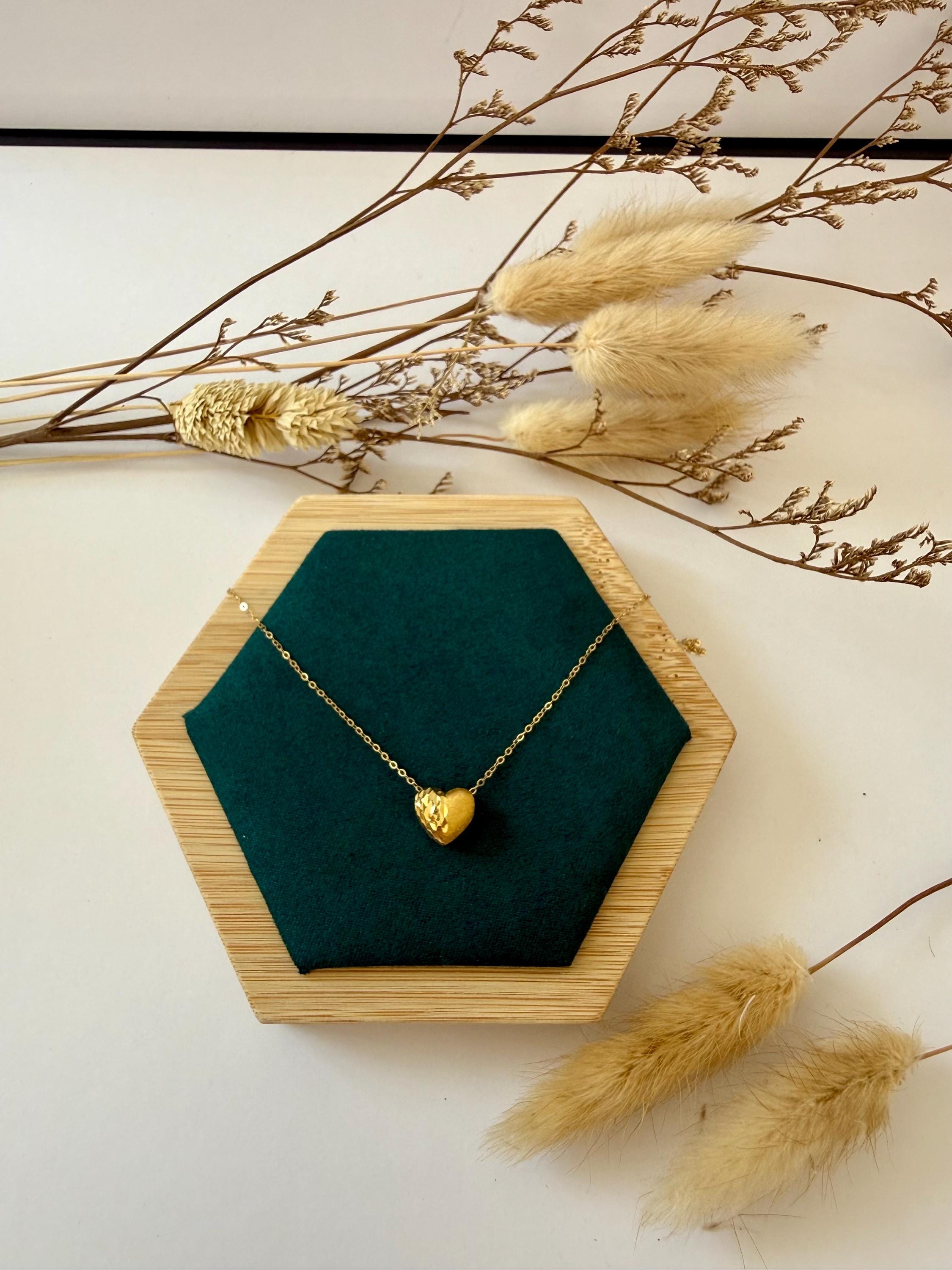 18K Solid Gold Heart Necklace – Unique Polished & Textured Pendant Necklace Adjustable Necklace, Gift for Her