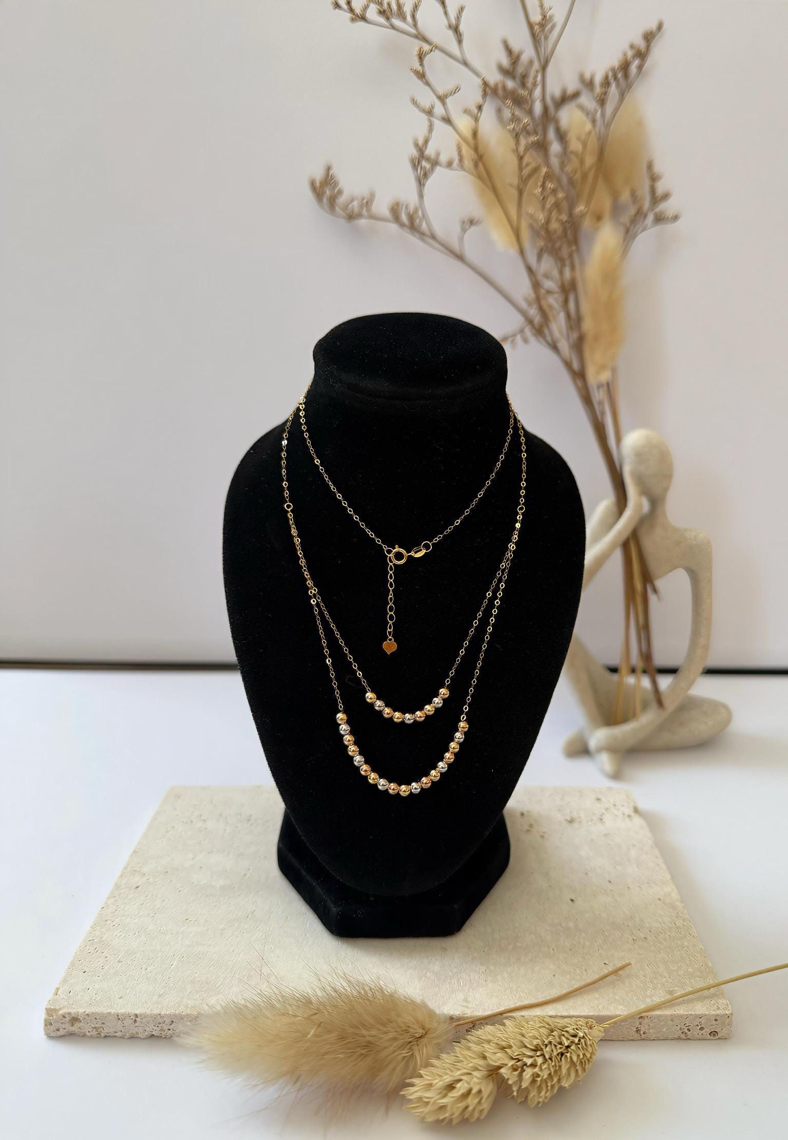 18K Solid Gold Two-tone Beaded Necklace, Minimalist Gold Chain, Petite Adjustable Necklace, Gift for Her
