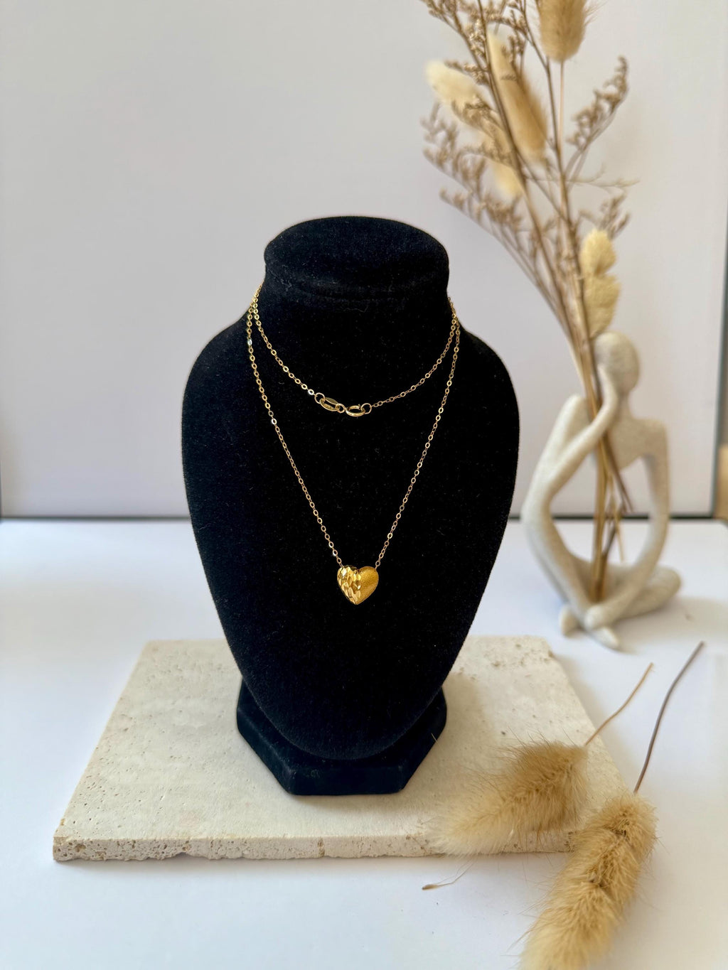 18K Solid Gold Heart Necklace – Unique Polished & Textured Pendant Necklace Adjustable Necklace, Gift for Her