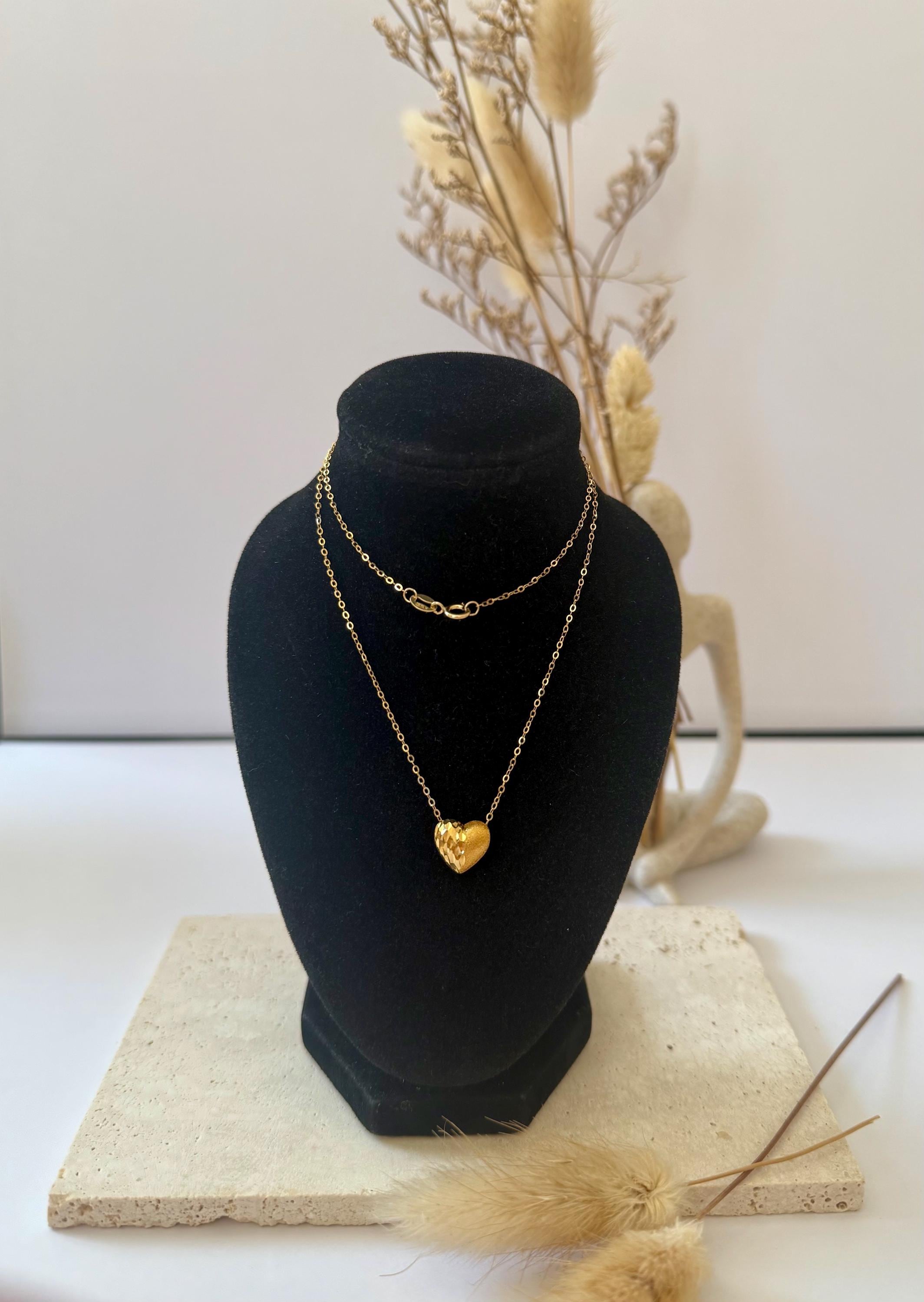 18K Solid Gold Heart Necklace – Unique Polished & Textured Pendant Necklace Adjustable Necklace, Gift for Her