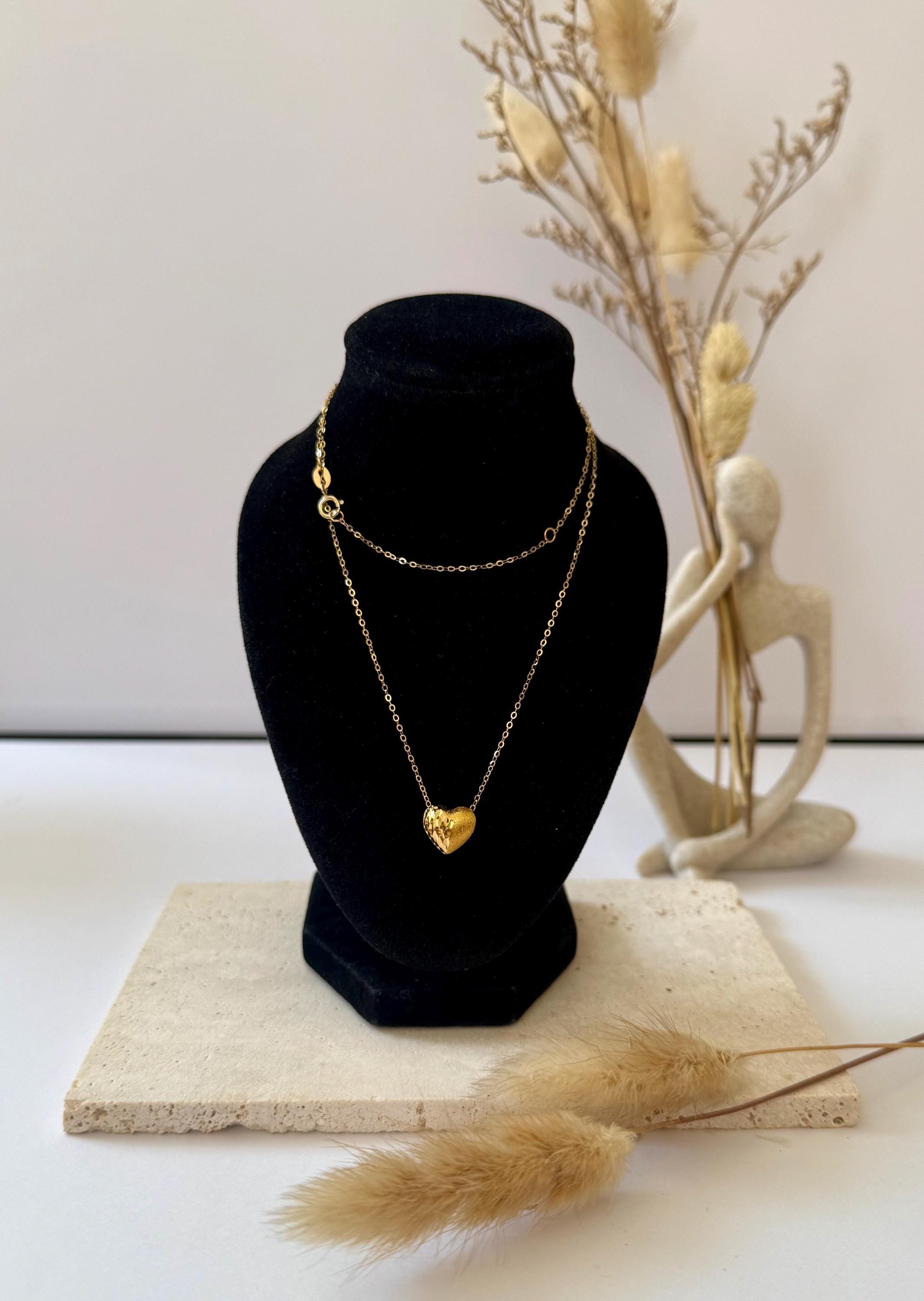 18K Solid Gold Heart Necklace – Unique Polished & Textured Pendant Necklace Adjustable Necklace, Gift for Her
