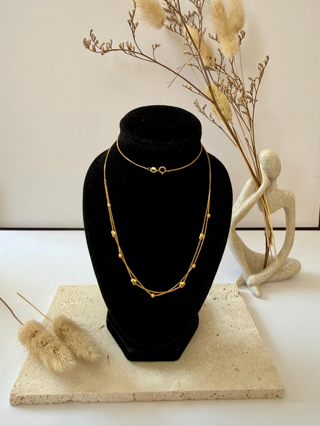 18K Solid Gold Layered Heart Necklace and Beaded Chain Necklace, Minimalist Gold Necklace, Dainty Gold Jewellery Gift for Her