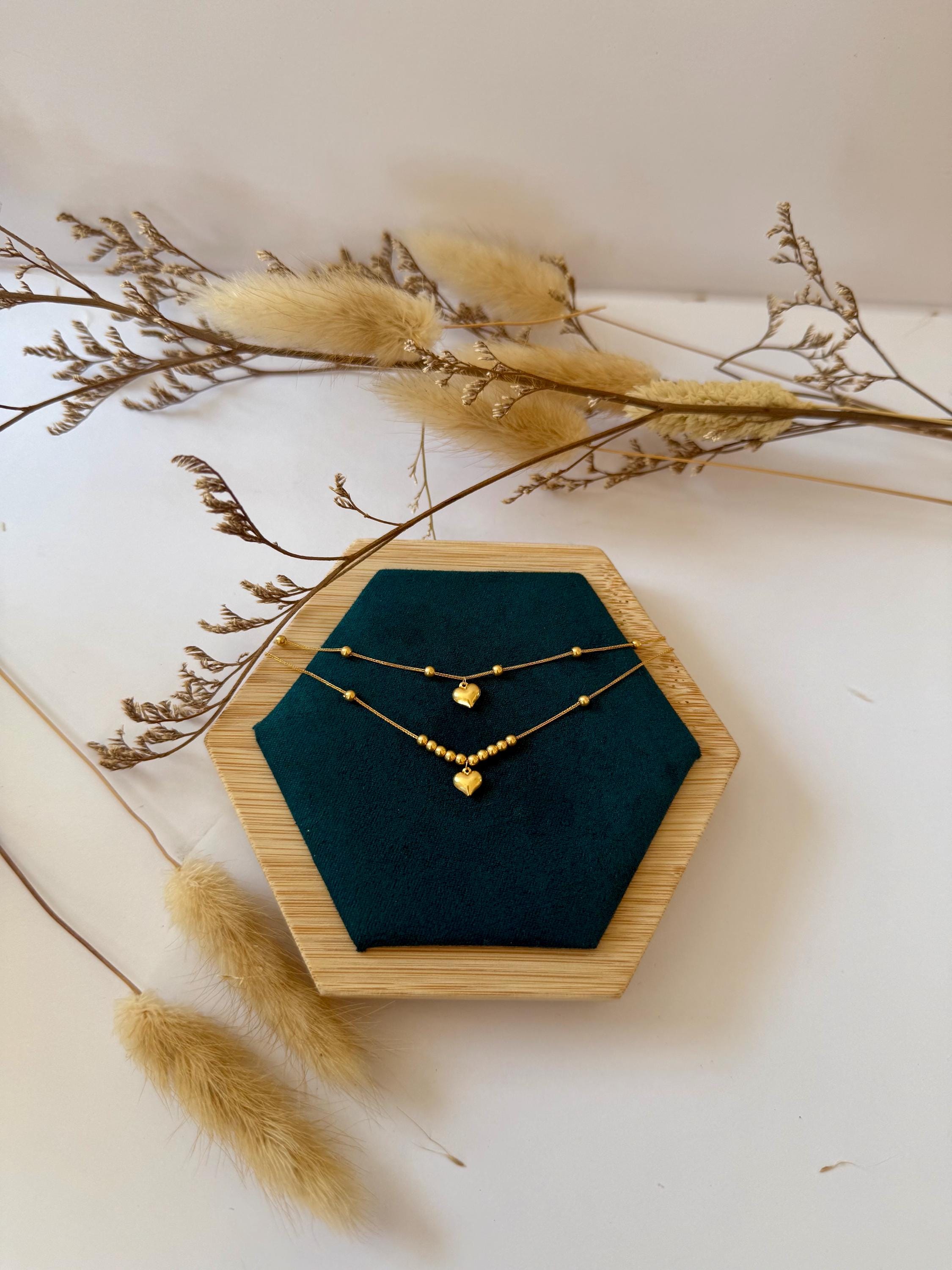 18K Solid Gold Layered Heart Necklace, Beaded Chain Necklace, Minimalist Gold Necklace 17 Inches, Dainty Gold Jewellery Gift for Her