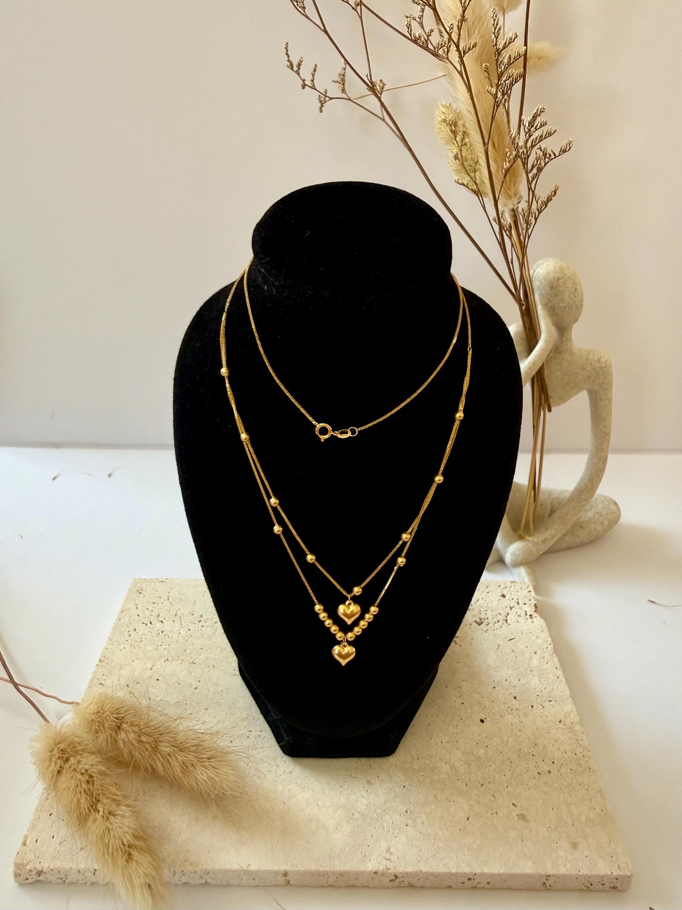 18K Solid Gold Layered Heart Necklace, Beaded Chain Necklace, Minimalist Gold Necklace 17 Inches, Dainty Gold Jewellery Gift for Her