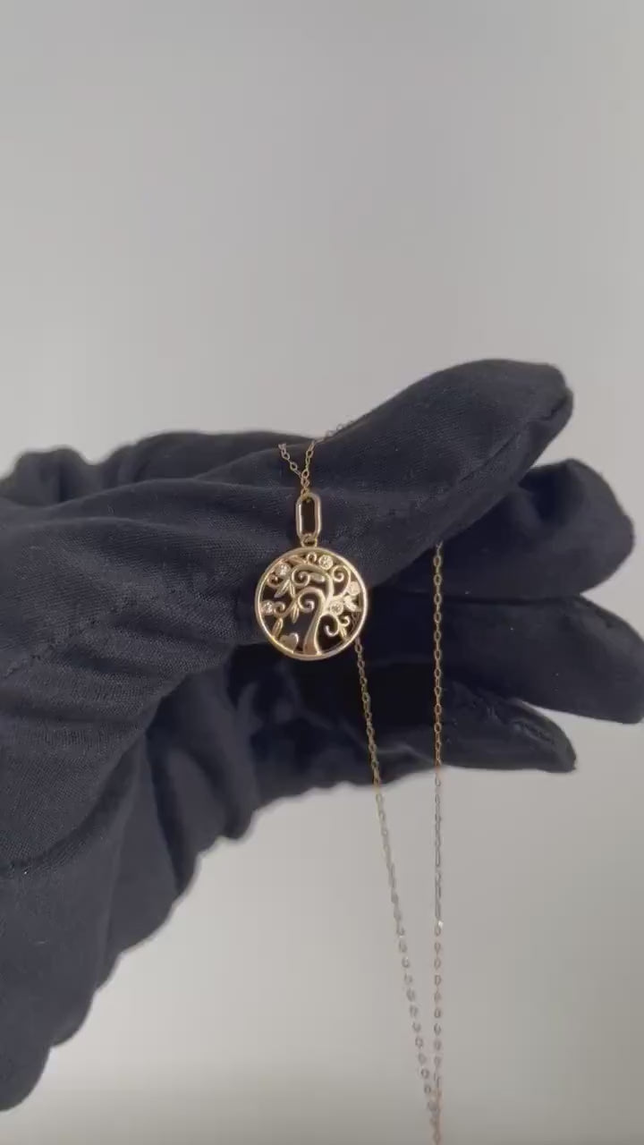 18K Solid Gold Tree of Life Pendant with Stones, Dainty Charm Necklace